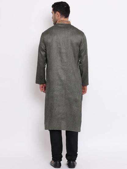 Full Sleeve Embroidered Kurta and Churidar Set in Black Cotton Blend