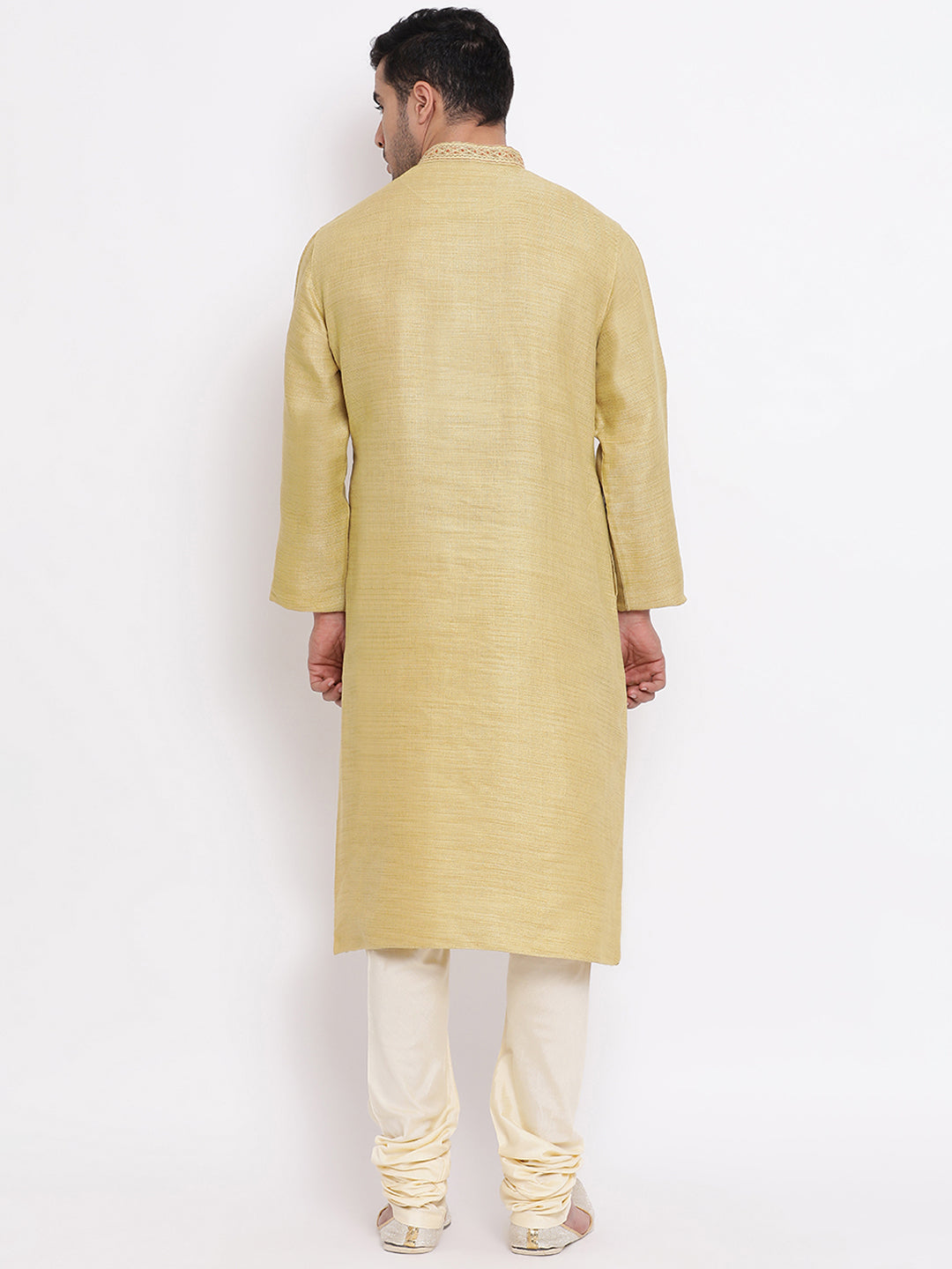 Full Sleeve Embroidered Kurta and Churidar Set in Yellow Cotton Blend