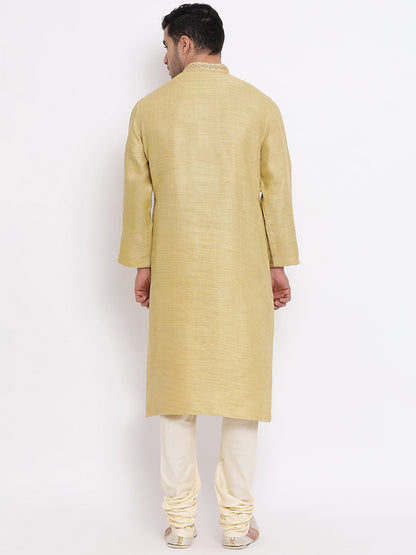 Full Sleeve Embroidered Kurta and Churidar Set in Yellow Cotton Blend