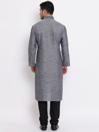 Full Sleeve Embroidered Kurta and Churidar Set in Grey Cotton Blend