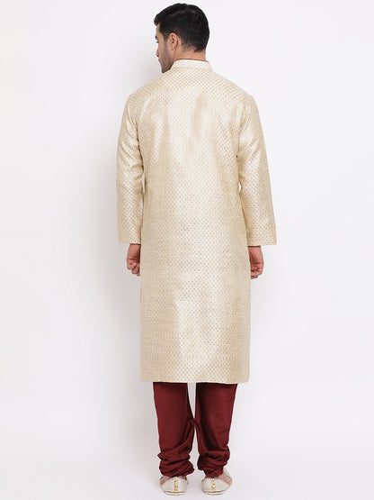 Full Sleeve Woven Kurta and Churidar Set in Beige Jacquard