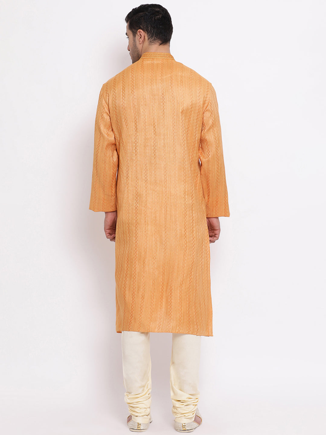 Full Sleeve Embroidered Kurta and Churidar Set in Orange Cotton Blend