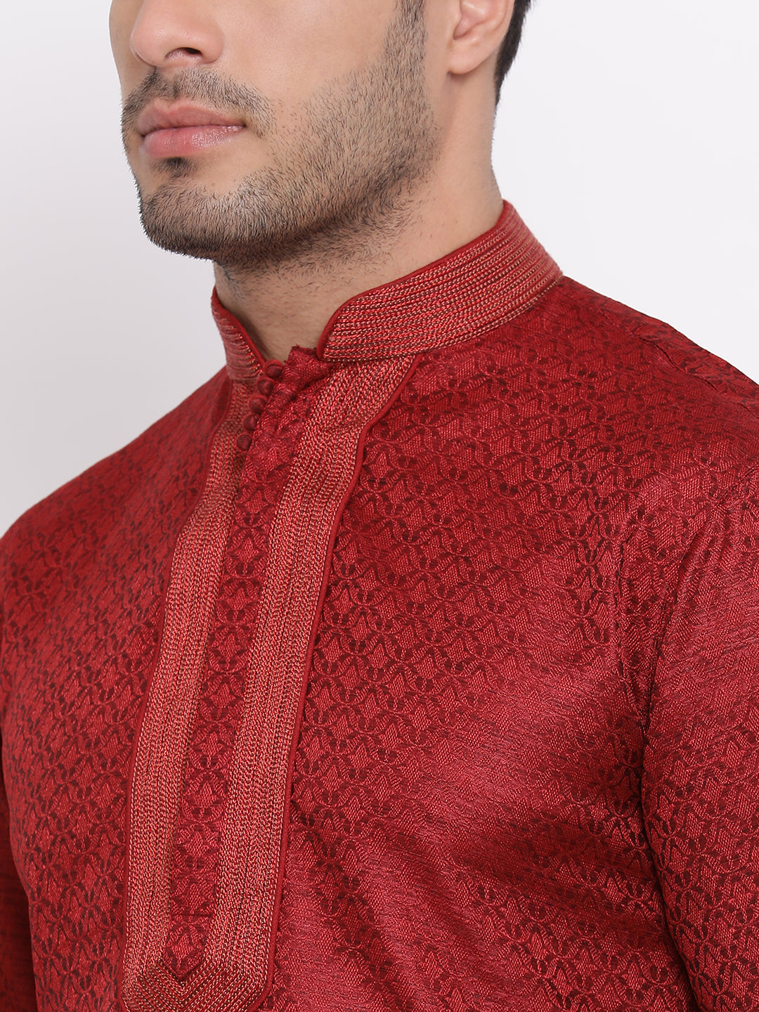 Full Sleeve Printed Kurta and Churidar Set in Maroon Jacquard