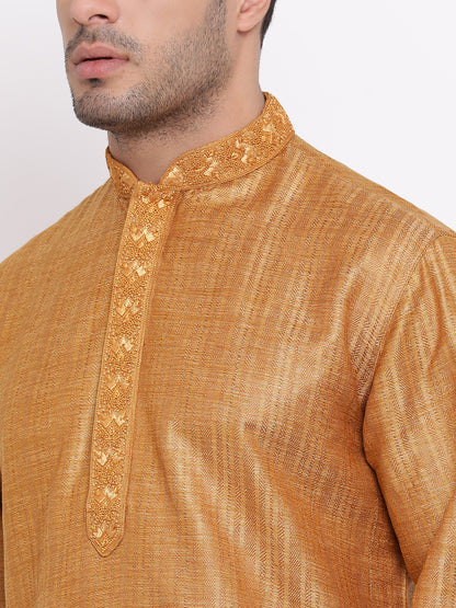 Full Sleeve Embroidered Kurta and Churidar Set in Gold Cotton Blend