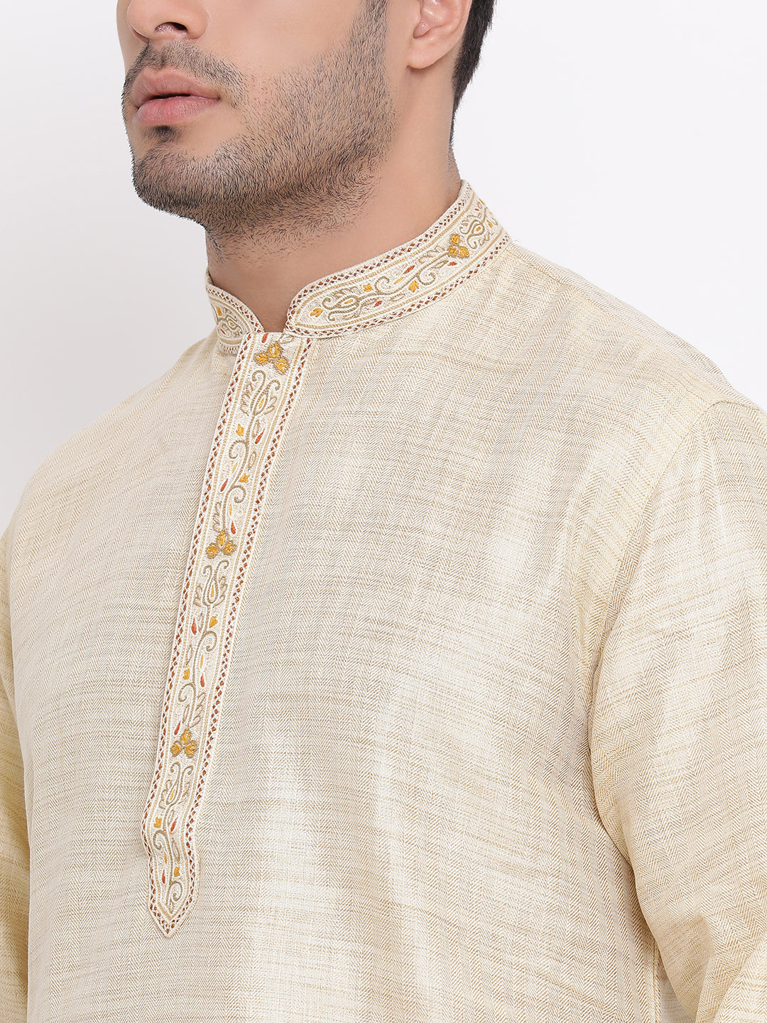 Full Sleeve Embroidered Kurta and Churidar Set in Beige Cotton Blend