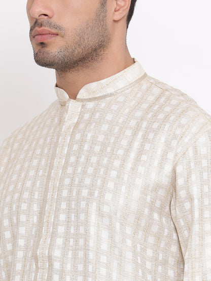 Full Sleeve Woven Kurta and Churidar Set in Beige Khadi Cotton