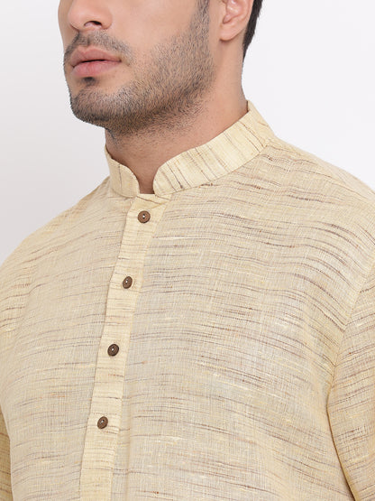 Full Sleeve Self Design Kurta and Churidar Set in Beige Khadi Cotton