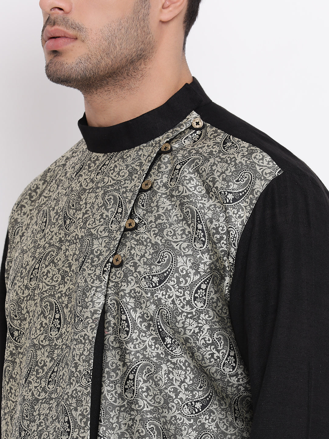 Full Sleeve Floral Print Kurta and Churidar Set in Black Jacquard