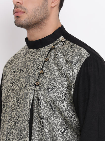 Full Sleeve Floral Print Kurta and Churidar Set in Black Jacquard
