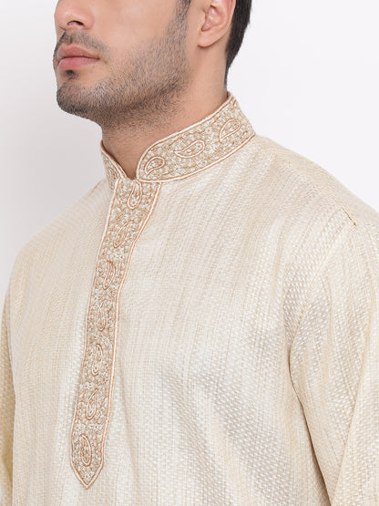 Full Sleeve Embroidered Kurta and Churidar Set in Beige Cotton Blend