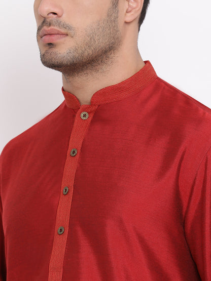 Full Sleeve Solid Kurta and Churidar Set in Red Silk Blend
