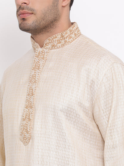 Full Sleeve Embroidered Kurta and Churidar Set in Beige Cotton Blend