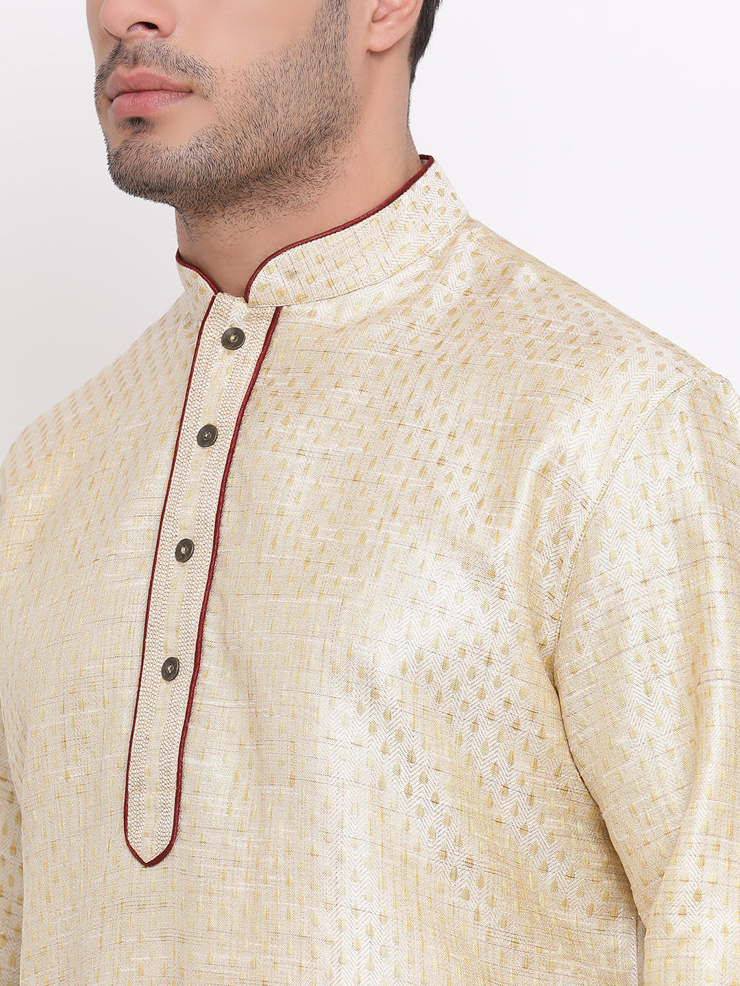 Full Sleeve Woven Kurta and Churidar Set in Beige Jacquard