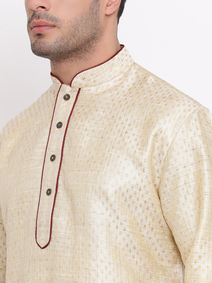Full Sleeve Woven Kurta and Churidar Set in Beige Jacquard
