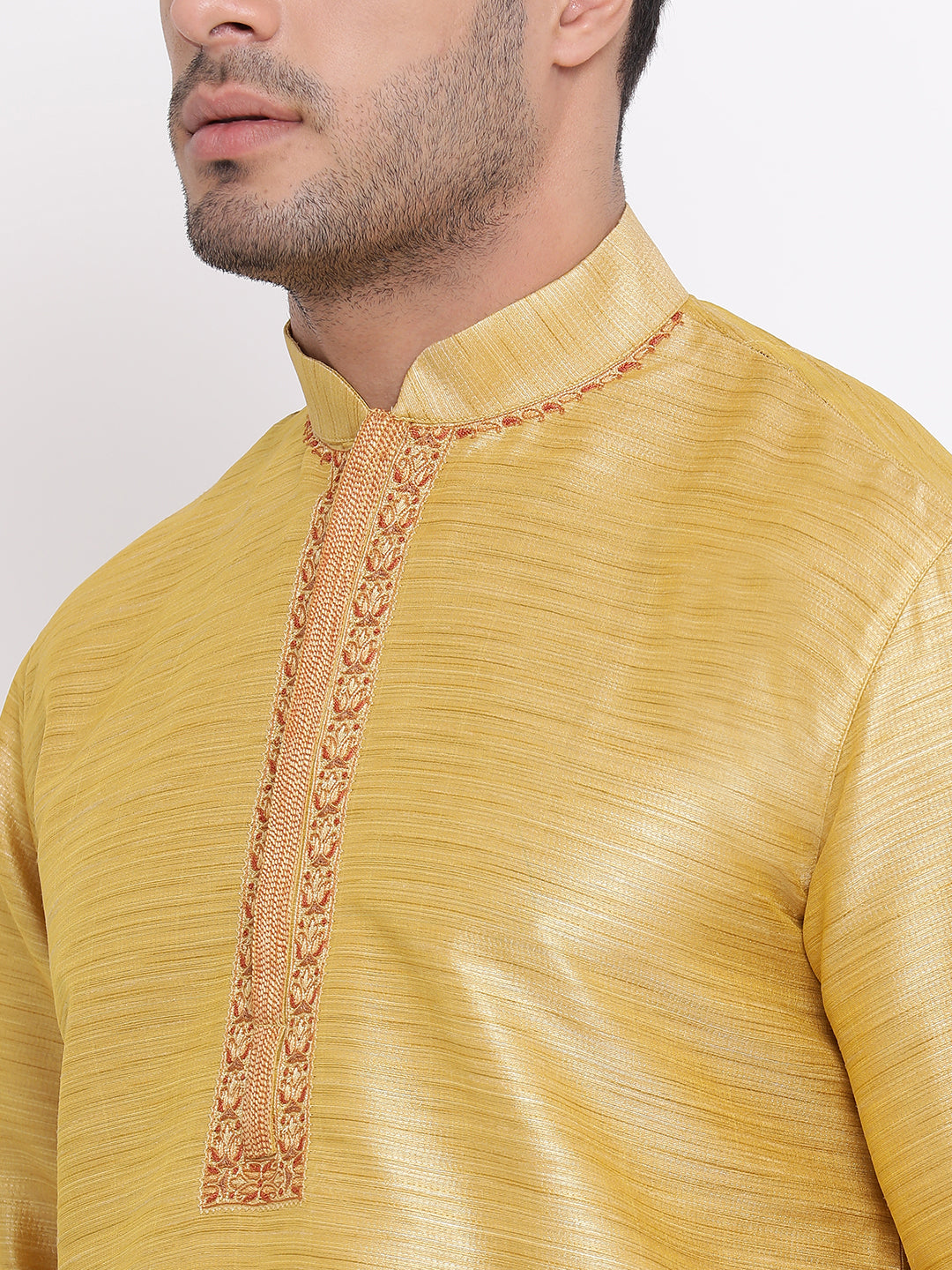 Full Sleeve Embroidered Kurta and Churidar Set in Gold Silk Blend