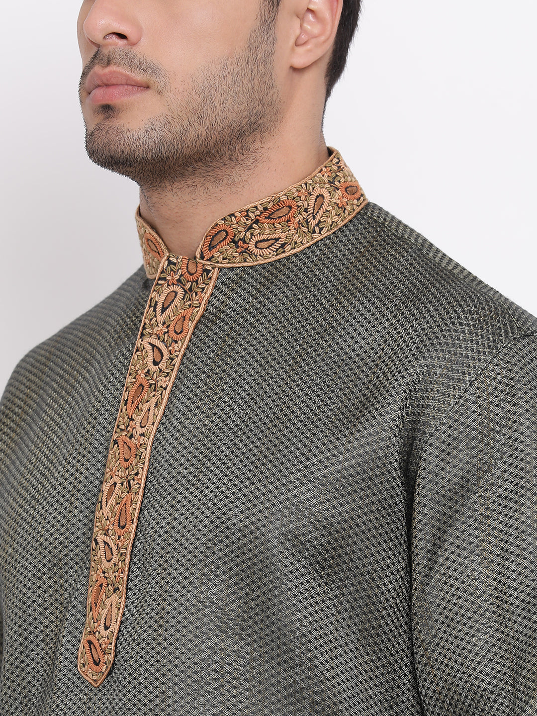 Full Sleeve Embroidered Kurta and Churidar Set in Black Cotton Blend