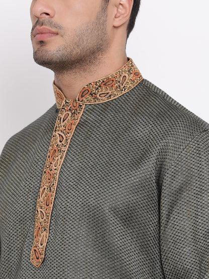 Full Sleeve Embroidered Kurta and Churidar Set in Black Cotton Blend