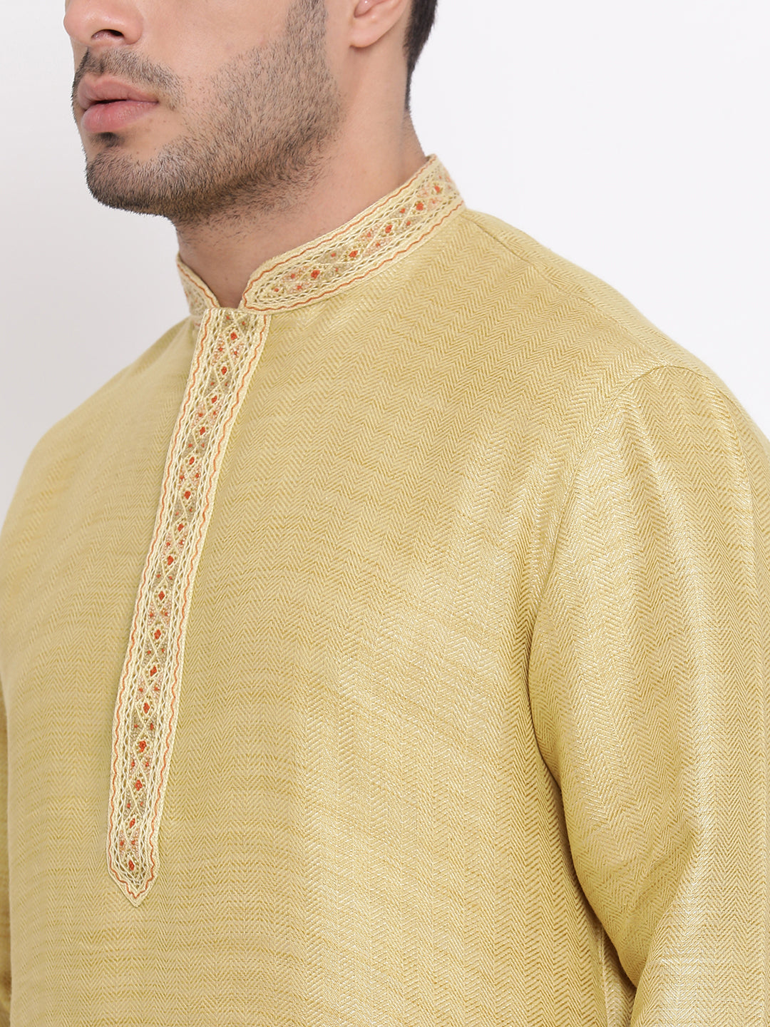 Full Sleeve Embroidered Kurta and Churidar Set in Yellow Cotton Blend