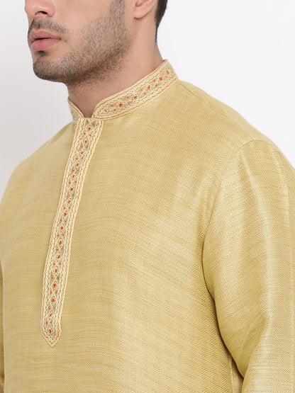 Full Sleeve Embroidered Kurta and Churidar Set in Yellow Cotton Blend