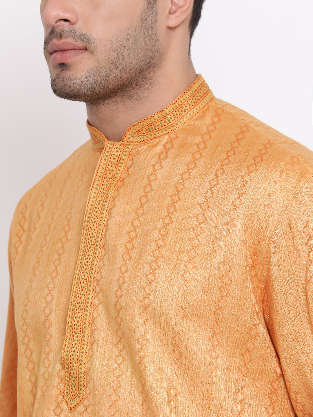 Full Sleeve Embroidered Kurta and Churidar Set in Orange Cotton Blend