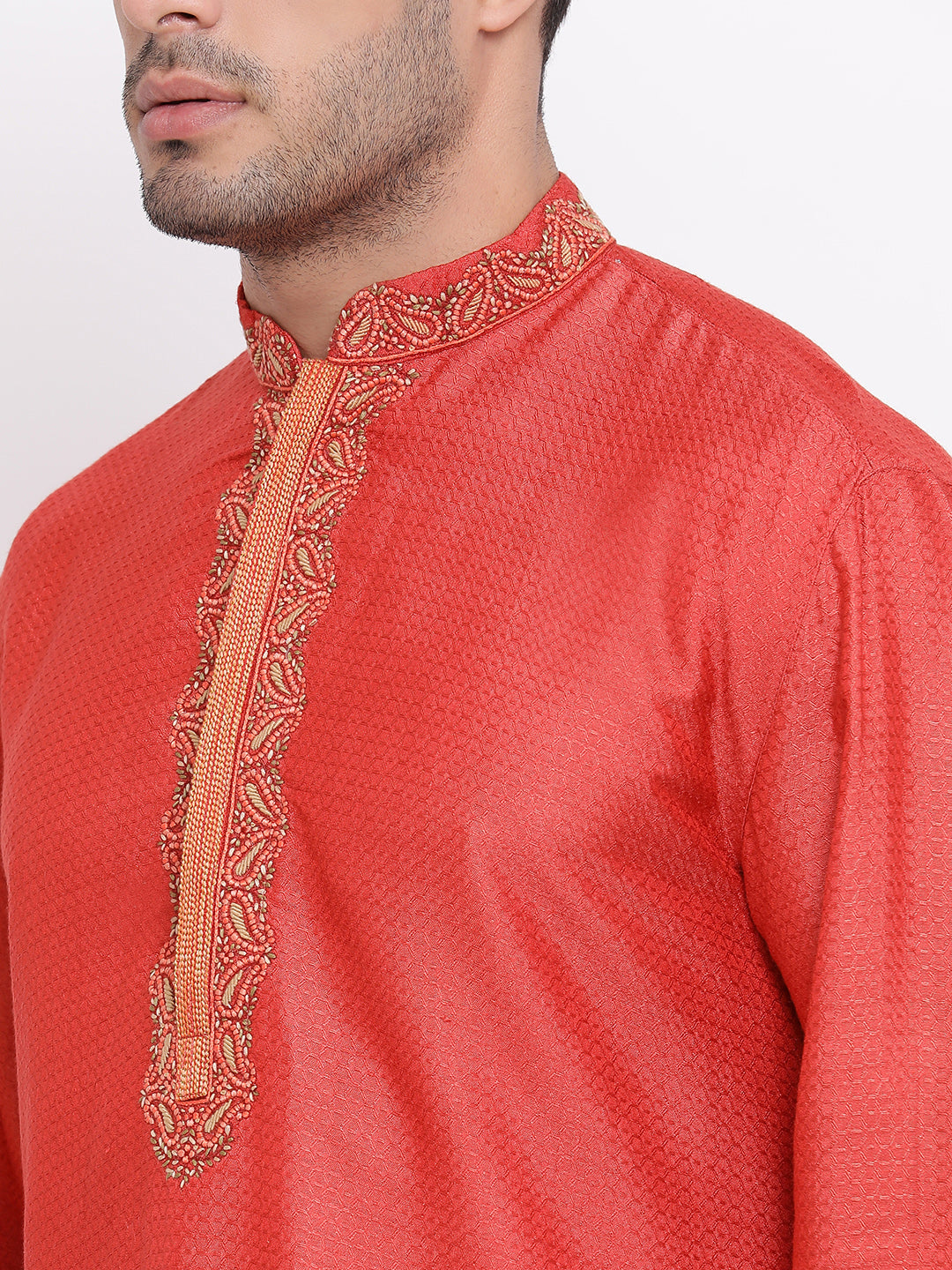 Full Sleeve Embroidered Kurta and Churidar Set in Red Cotton Silk