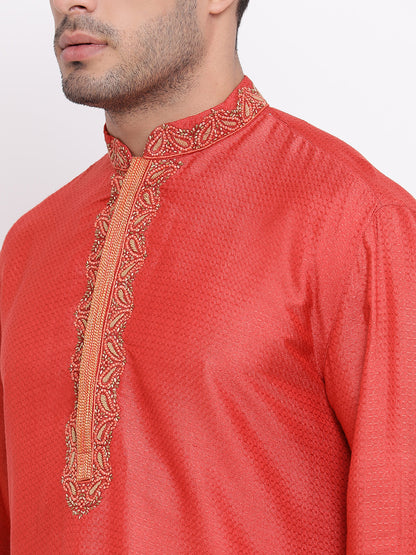 Full Sleeve Embroidered Kurta and Churidar Set in Red Cotton Silk