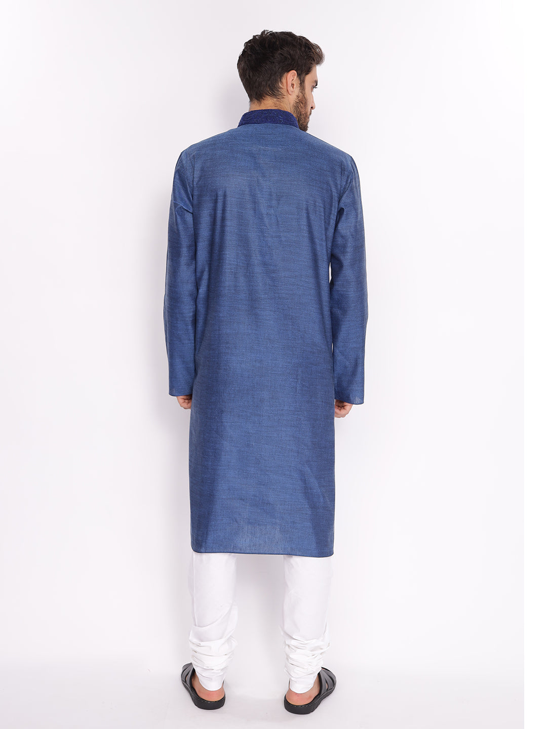 Full Sleeve Embroidered::Solid Kurta and Pyjama Set in Blue::White Cotton Blend