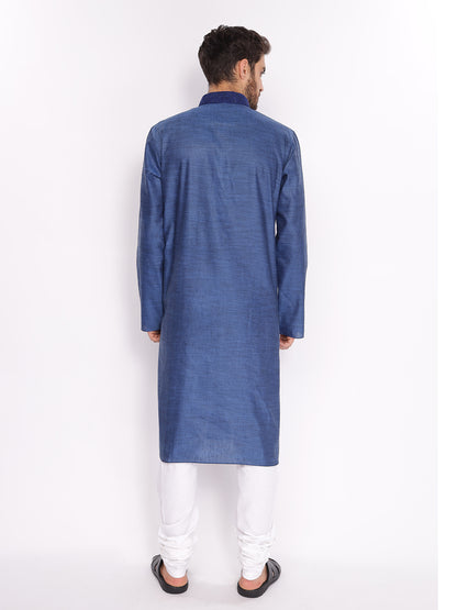 Full Sleeve Embroidered::Solid Kurta and Pyjama Set in Blue::White Cotton Blend