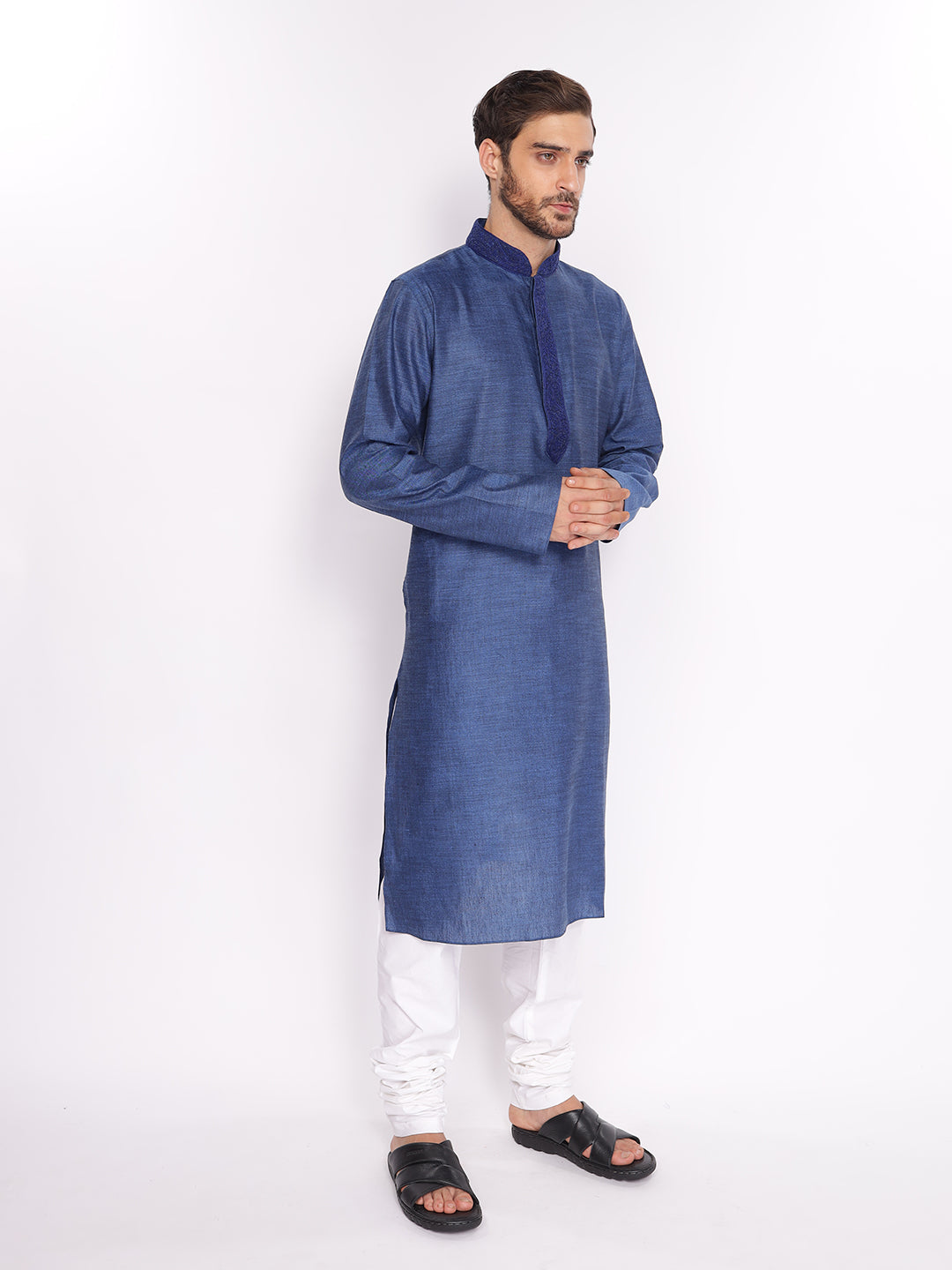 Full Sleeve Embroidered::Solid Kurta and Pyjama Set in Blue::White Cotton Blend