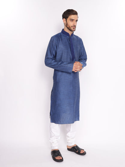 Full Sleeve Embroidered::Solid Kurta and Pyjama Set in Blue::White Cotton Blend