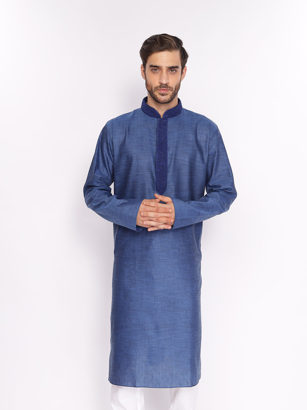 Full Sleeve Embroidered::Solid Kurta and Pyjama Set in Blue::White Cotton Blend