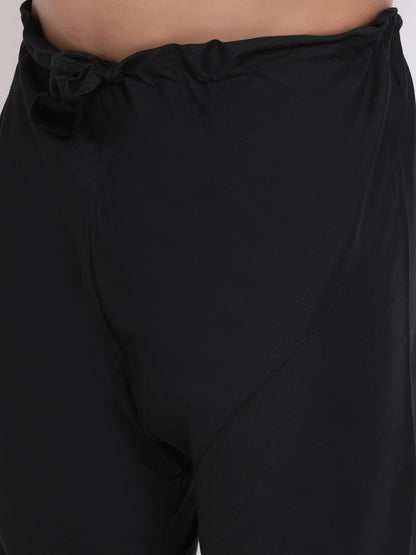 Full Sleeve Floral Print Kurta and Churidar Set in Black Jacquard