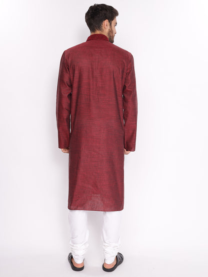 Full Sleeve Embroidered Kurta and Pyjama Set in Maroon Cotton Blend