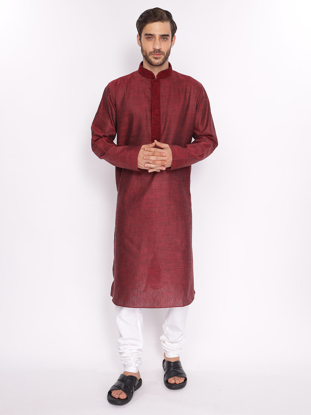 Full Sleeve Embroidered Kurta and Pyjama Set in Maroon Cotton Blend