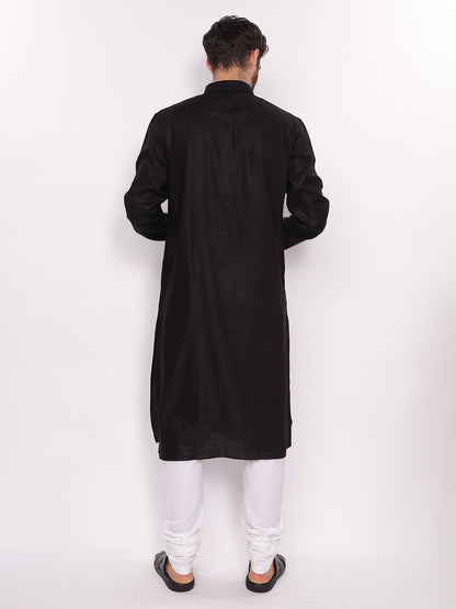 Full Sleeve Self Design Kurta and Pyjama Set in Black::White Pure Cotton