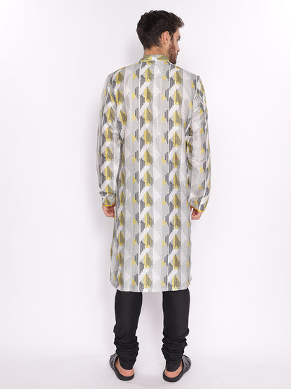 Full Sleeve Printed Kurta and Pyjama Set in Yellow::Black Cotton Blend