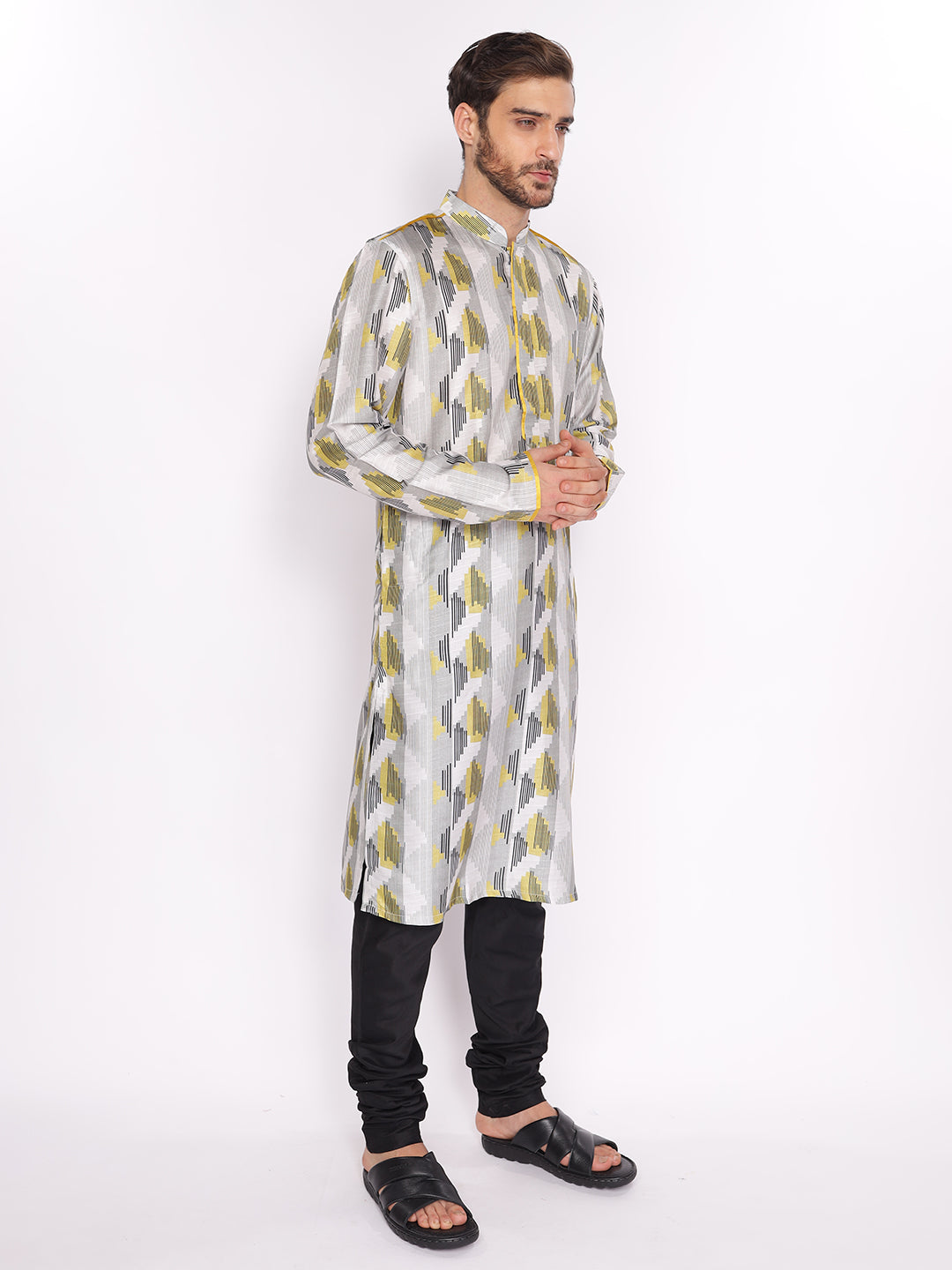 Full Sleeve Printed Kurta and Pyjama Set in Yellow::Black Cotton Blend