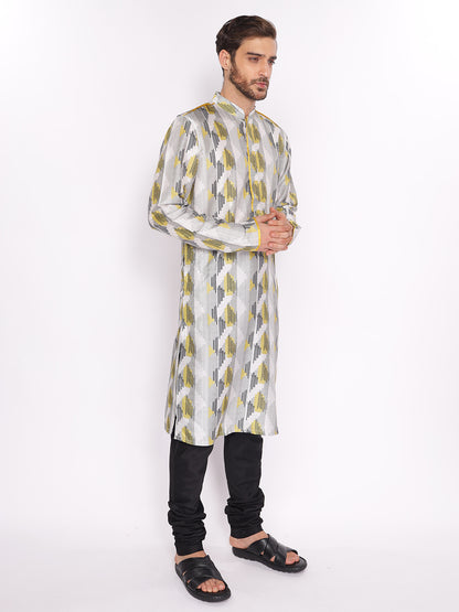 Full Sleeve Printed Kurta and Pyjama Set in Yellow::Black Cotton Blend