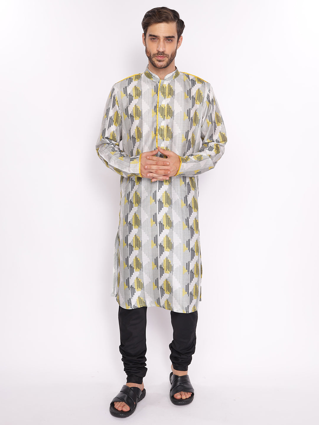 Full Sleeve Printed Kurta and Pyjama Set in Yellow::Black Cotton Blend