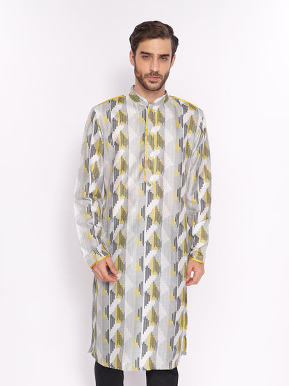 Full Sleeve Printed Kurta and Pyjama Set in Yellow::Black Cotton Blend
