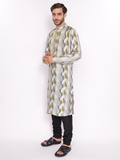 Full Sleeve Printed Kurta and Pyjama Set in Yellow::Black Cotton Blend
