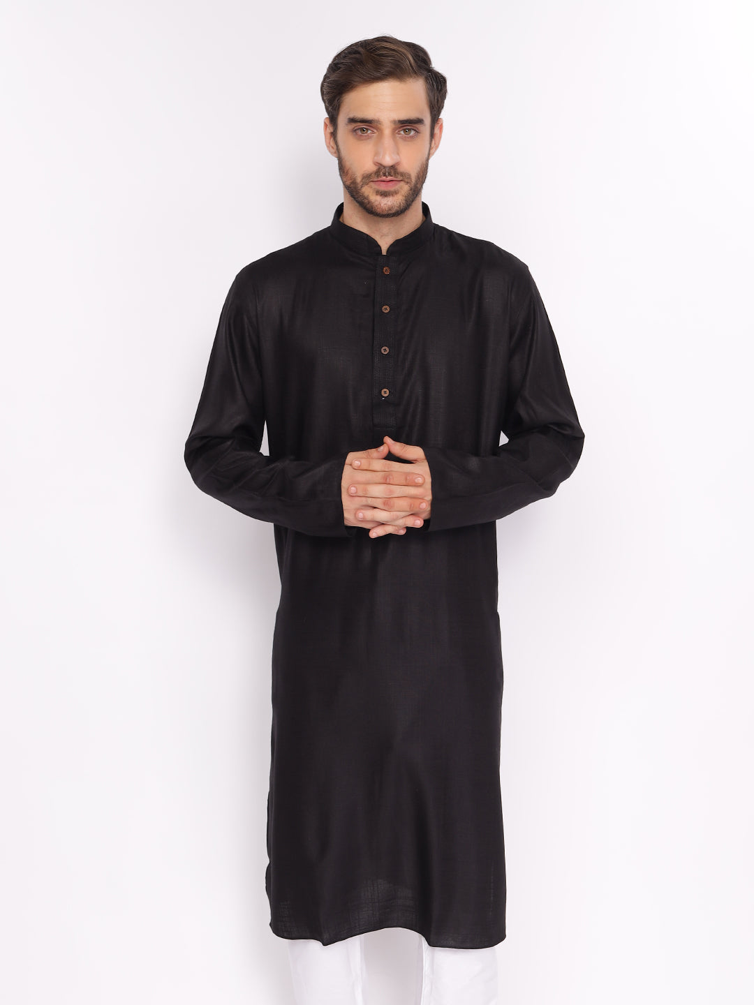 Full Sleeve Self Design Kurta and Pyjama Set in Black::White Pure Cotton