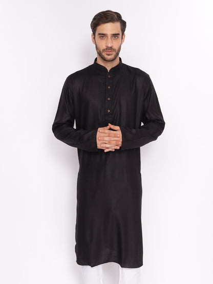 Full Sleeve Self Design Kurta and Pyjama Set in Black::White Pure Cotton