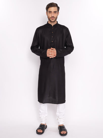 Full Sleeve Self Design Kurta and Pyjama Set in Black::White Pure Cotton