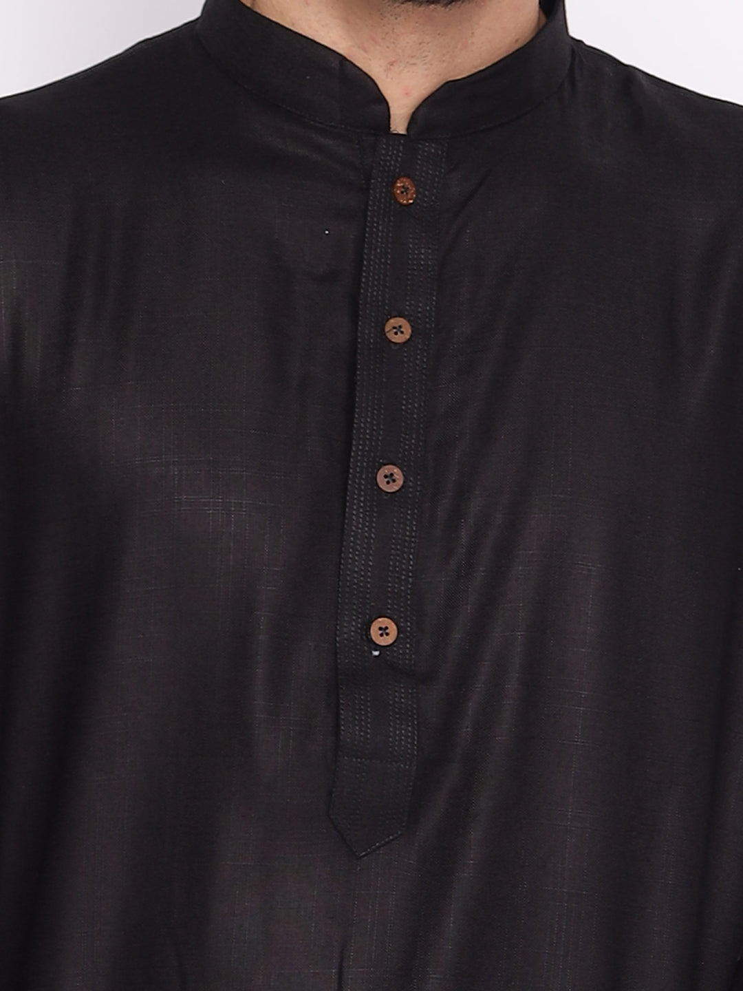Full Sleeve Self Design Kurta and Pyjama Set in Black::White Pure Cotton