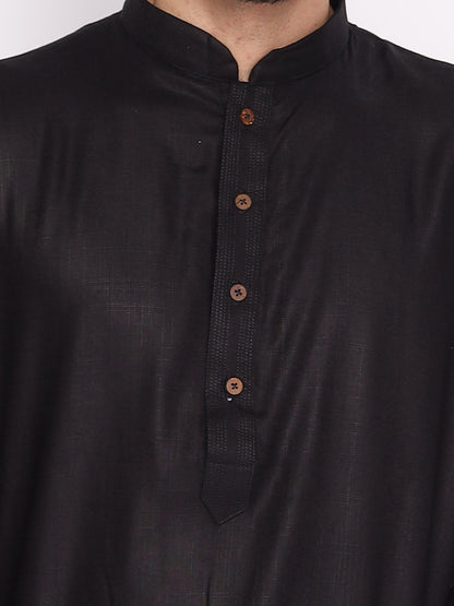 Full Sleeve Self Design Kurta and Pyjama Set in Black::White Pure Cotton