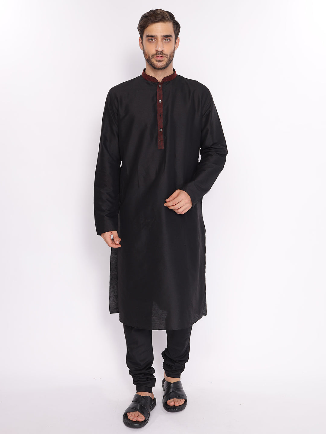 Full Sleeve Self Design Kurta and Pyjama Set in Black Cotton Blend