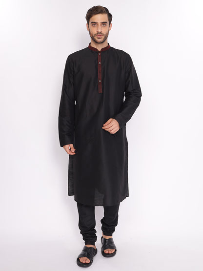 Full Sleeve Self Design Kurta and Pyjama Set in Black Cotton Blend