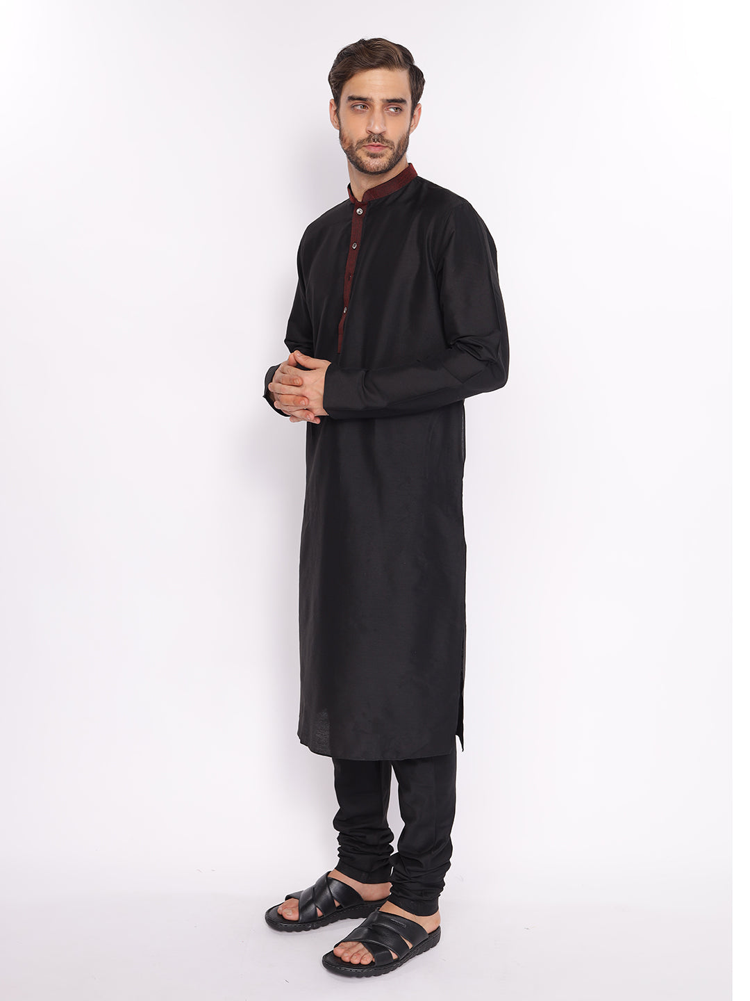 Full Sleeve Self Design Kurta and Pyjama Set in Black Cotton Blend
