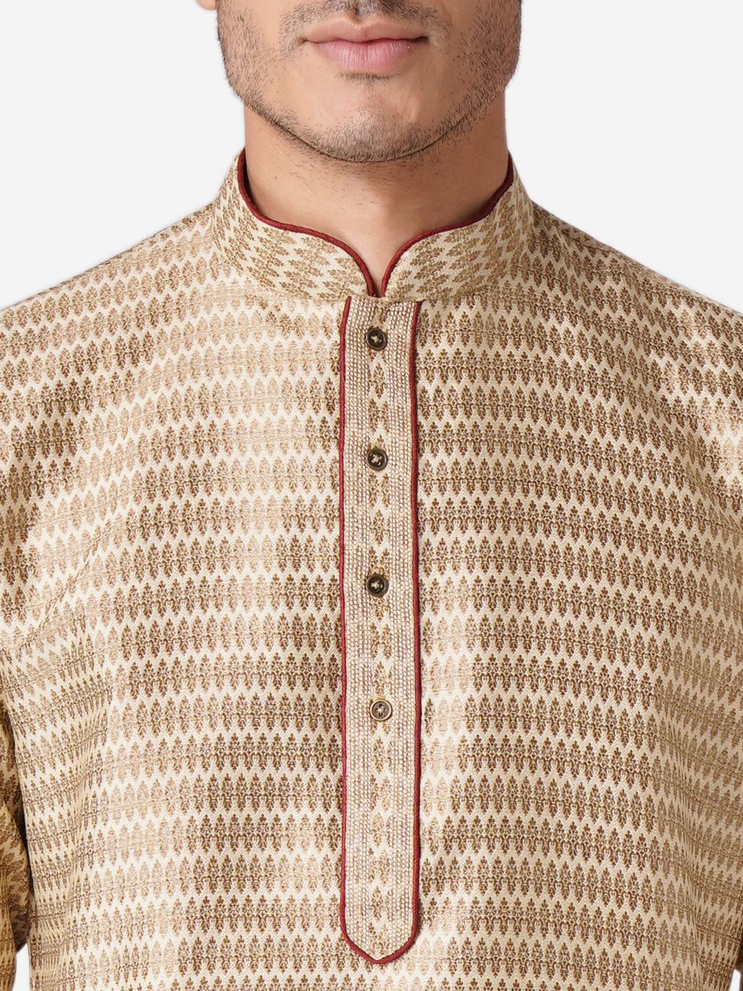 Full Sleeve Printed Kurta and Churidar Set in Gold Silk Blend